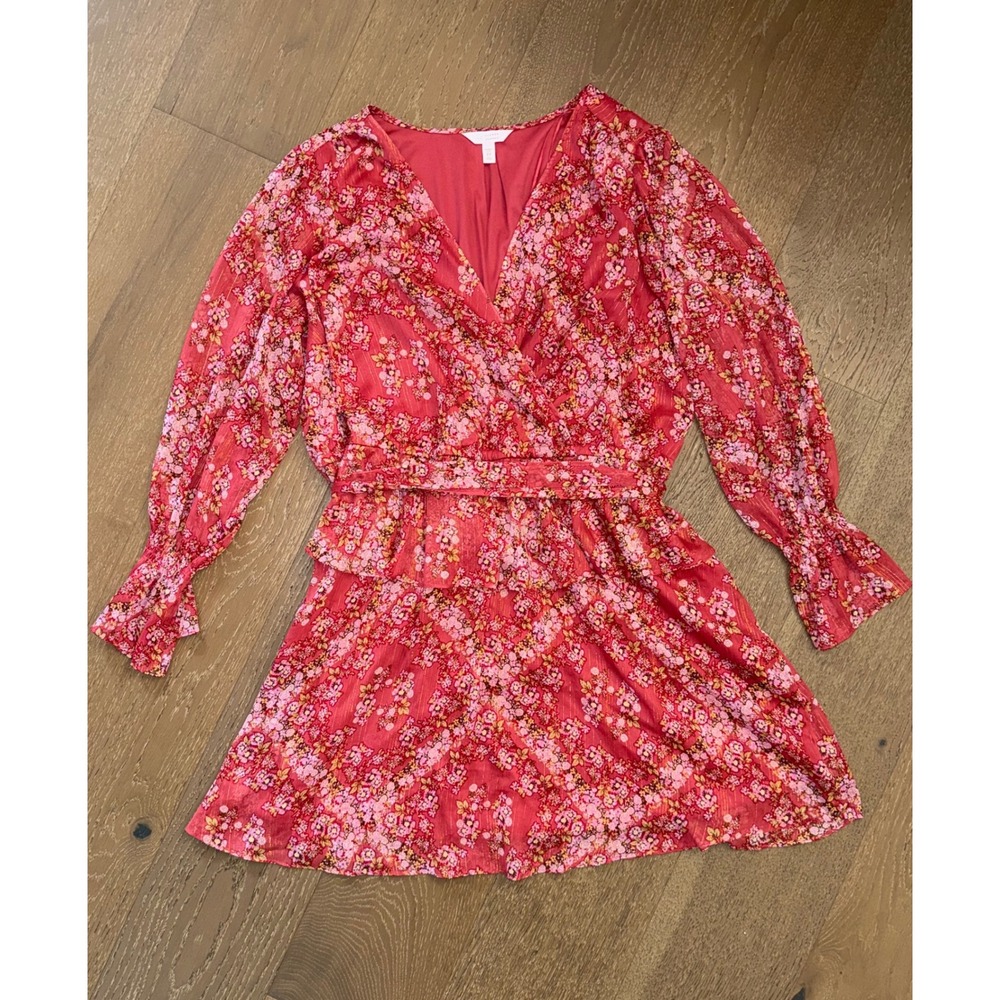 LC Lauren Conrad Red Floral Wrap Mini Dress Long Sleeve Metallic Stripe Plus 2X‎